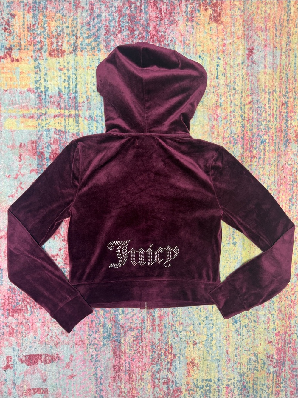 Juicy Couture Burgundy Velvet Hoodie with Rhinestone 'Juicy' Logo